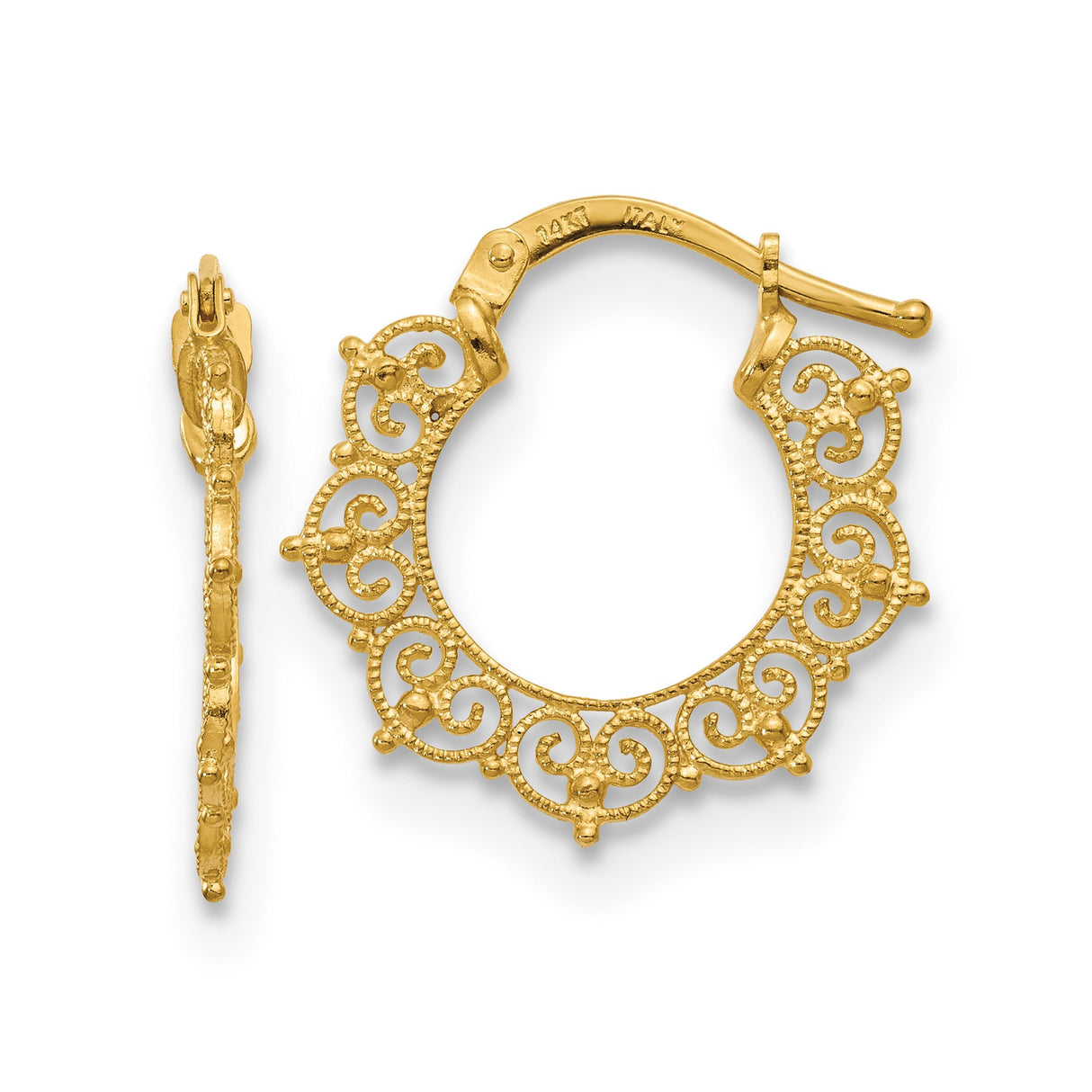 14k Yellow Gold Hoop Earrings with Ornate Scroll Design and Textured Filigree Style