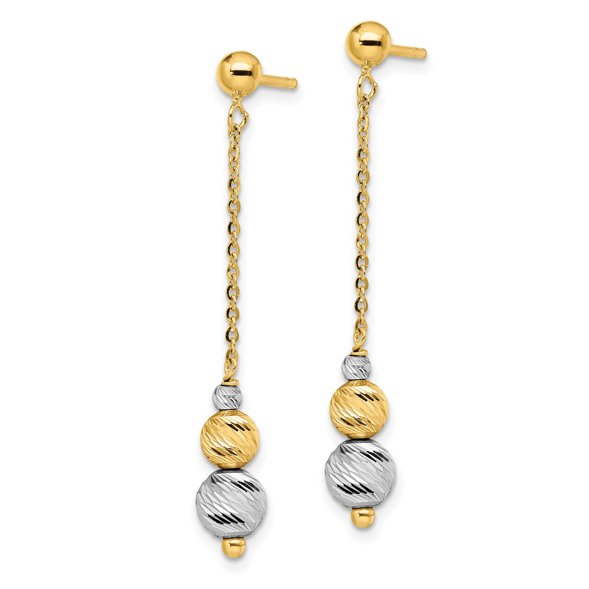 14k Yellow Gold Dangle Earrings with Textured Bead Drops and Two-Tone Long Chain Design