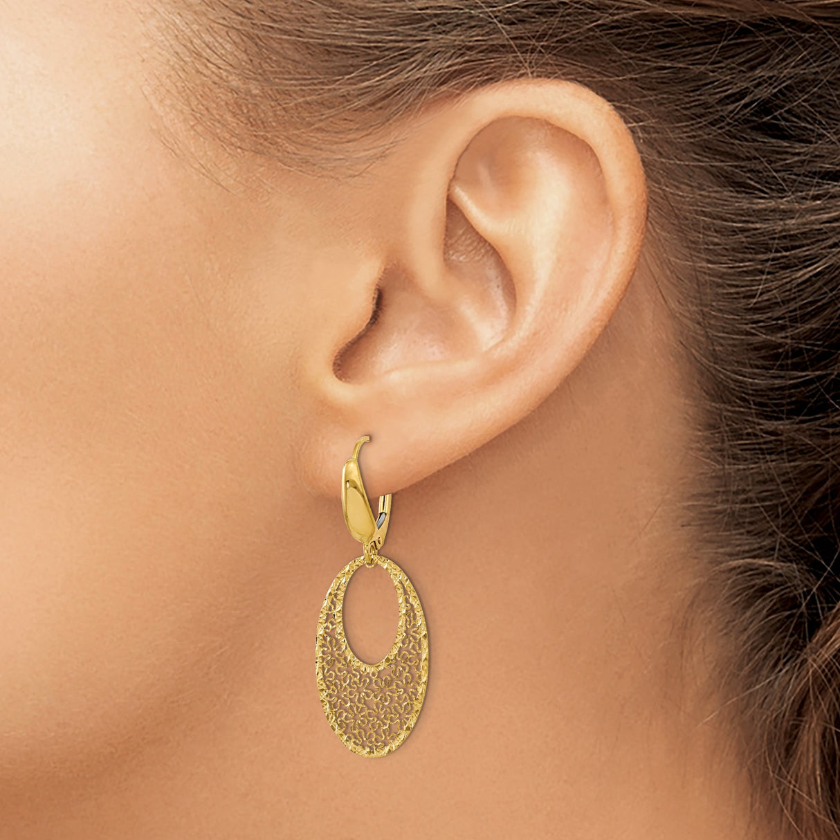 14k Yellow Gold Dangle Earrings with Open Oval Filigree, Hammered Texture, Floral Pattern