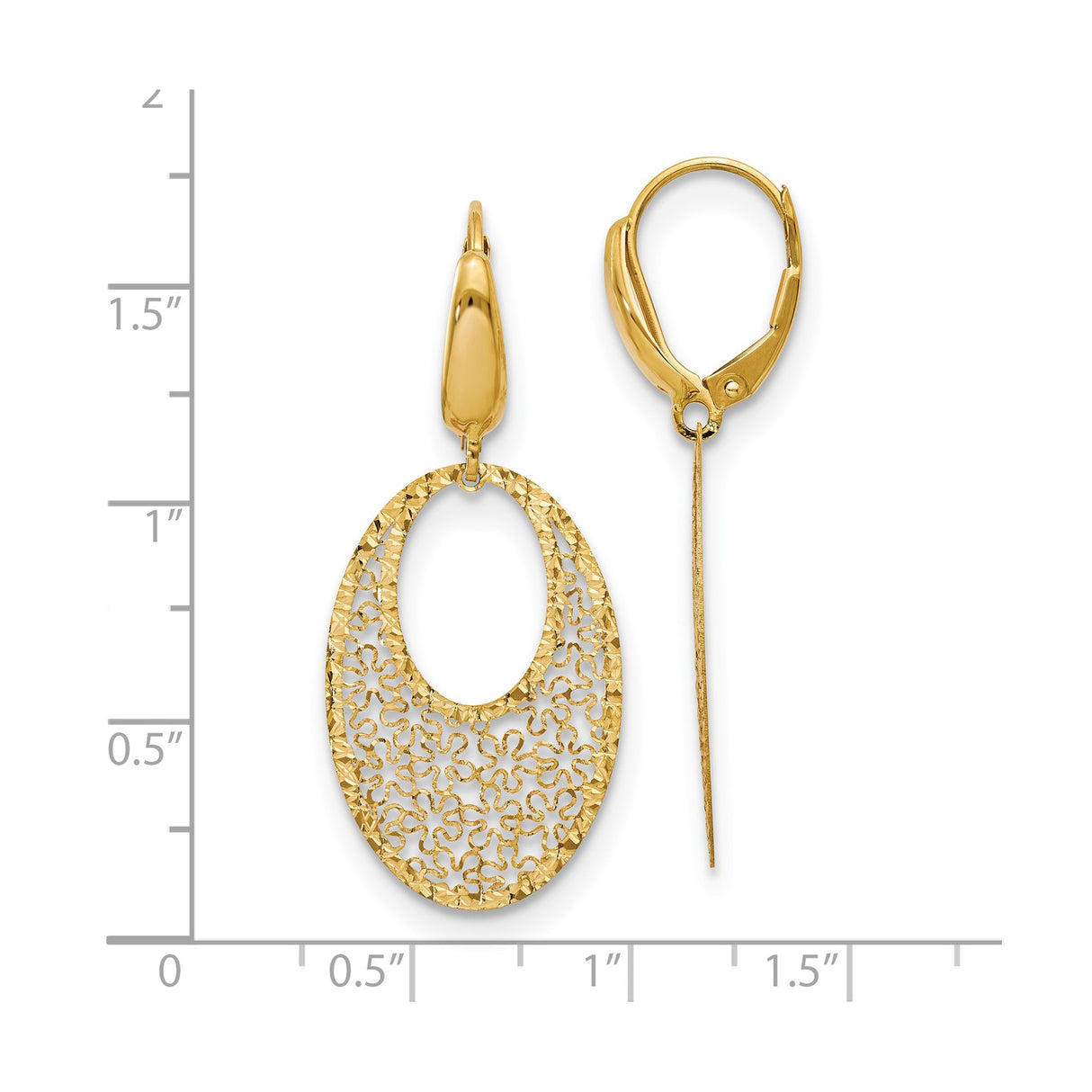 14k Yellow Gold Dangle Earrings with Open Oval Filigree, Hammered Texture, Floral Pattern