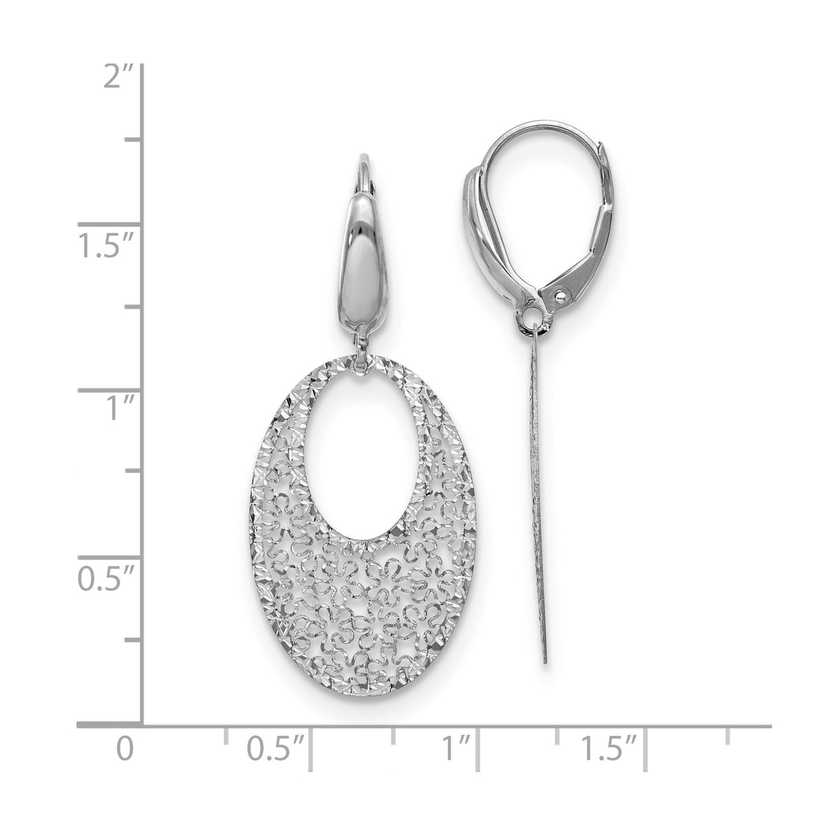 14k White Gold Dangle Earrings with Open Oval Shape and Floral Filigree Design