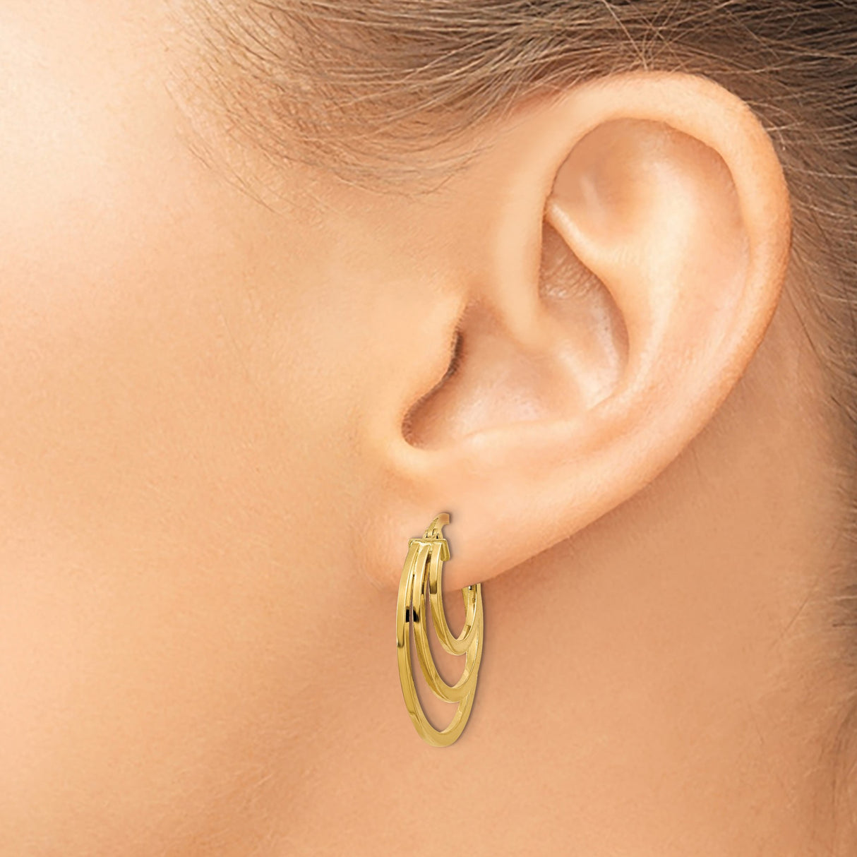 14k Yellow Gold Hoop Earrings, Triple Open Circle Design, Modern Geometric Layers for Women