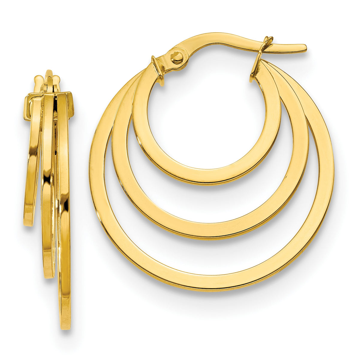 14k Yellow Gold Hoop Earrings, Triple Open Circle Design, Modern Geometric Layers for Women