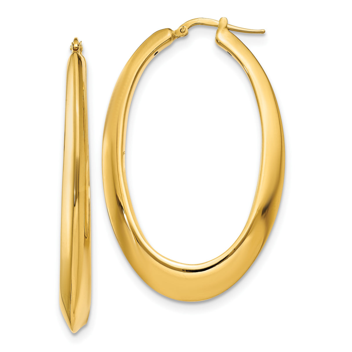 14k Yellow Gold Oval Hoop Earrings, High-Polish Elongated Minimalist Design for Women