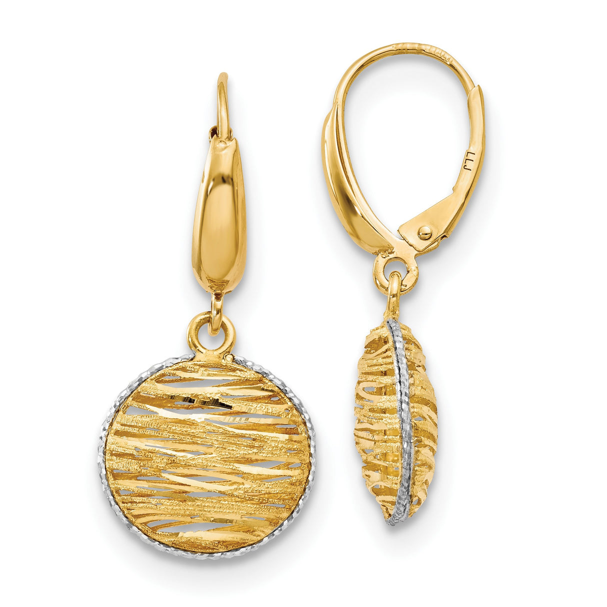 14k Two-Tone Gold Dangle Earrings with Textured Openwork Disc and Abstract Wave Design