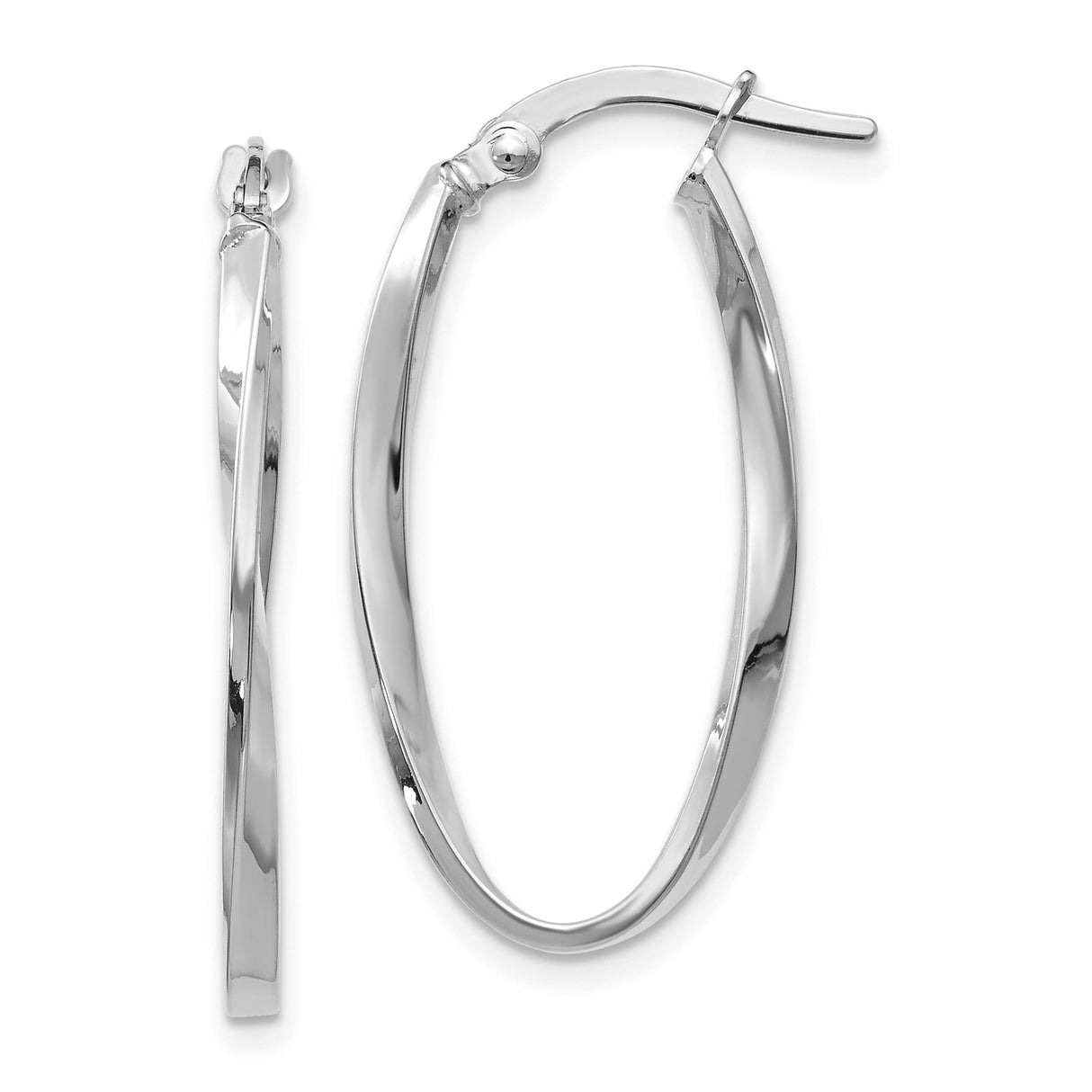 14k White Gold Twisted Oval Hoop Earrings, Polished Lightweight Modern Style for Women