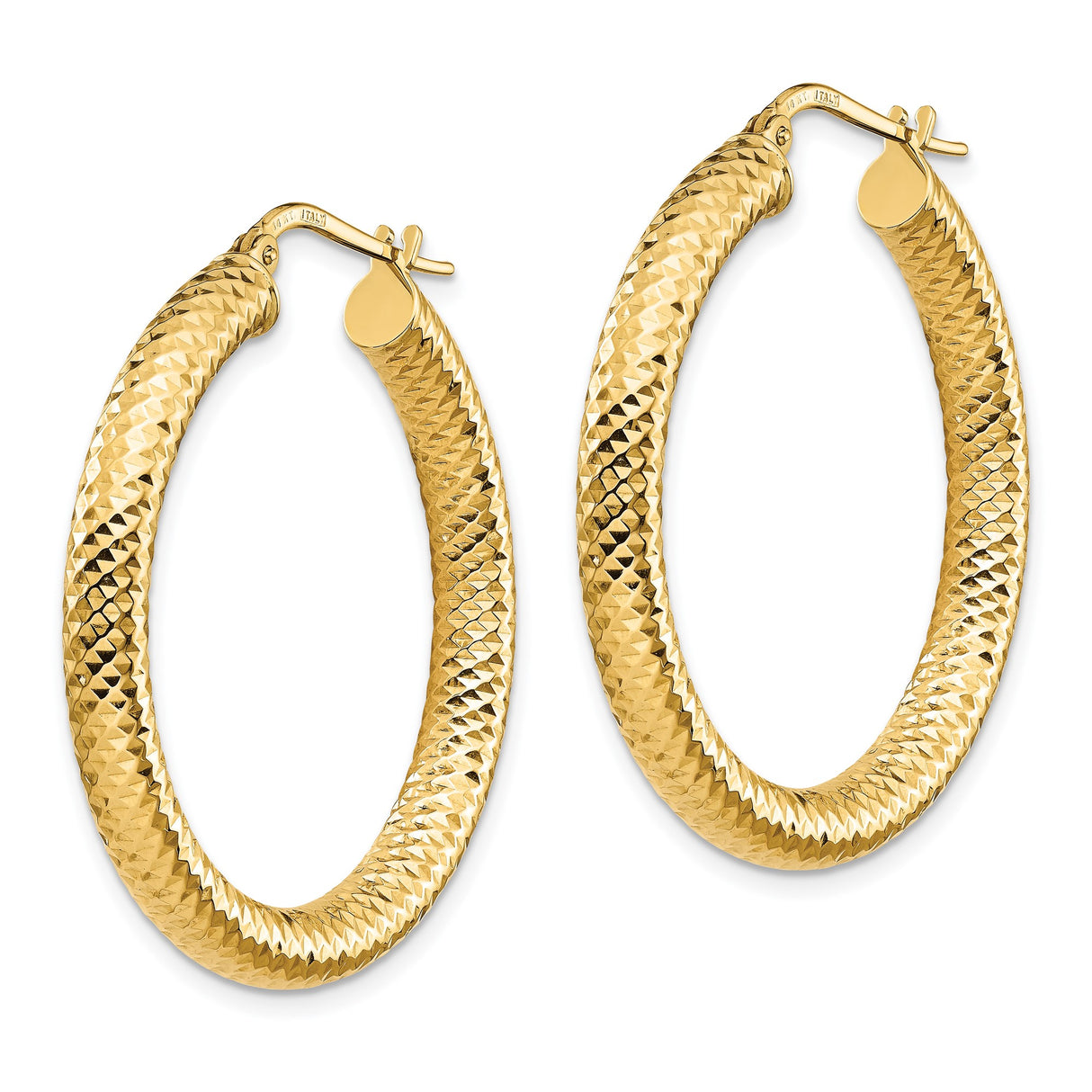 14k Yellow Gold Hoop Earrings, Italian Diamond-Cut Textured Round Bold Design