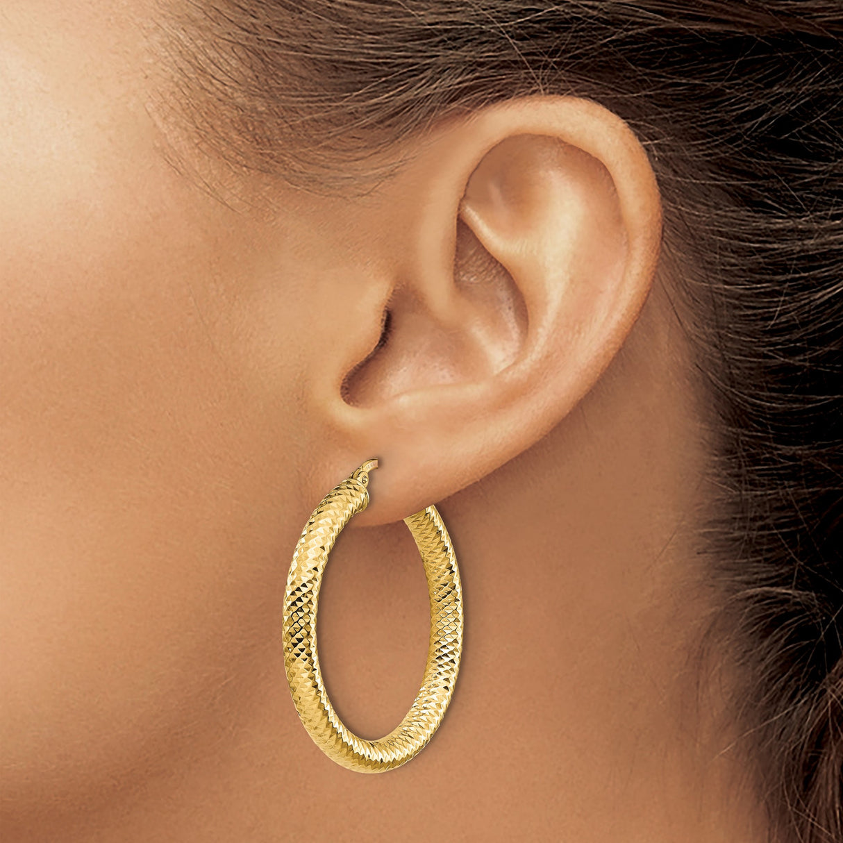 14k Yellow Gold Hoop Earrings, Italian Diamond-Cut Textured Round Bold Design