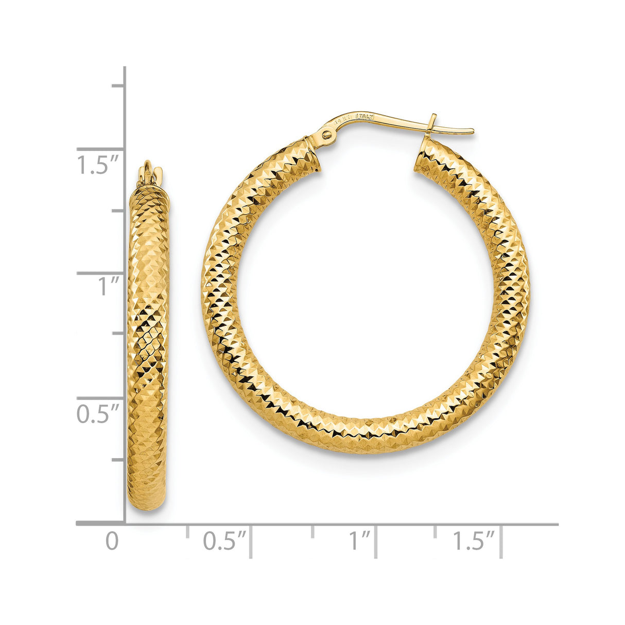 14k Yellow Gold Hoop Earrings, Italian Diamond-Cut Textured Round Bold Design