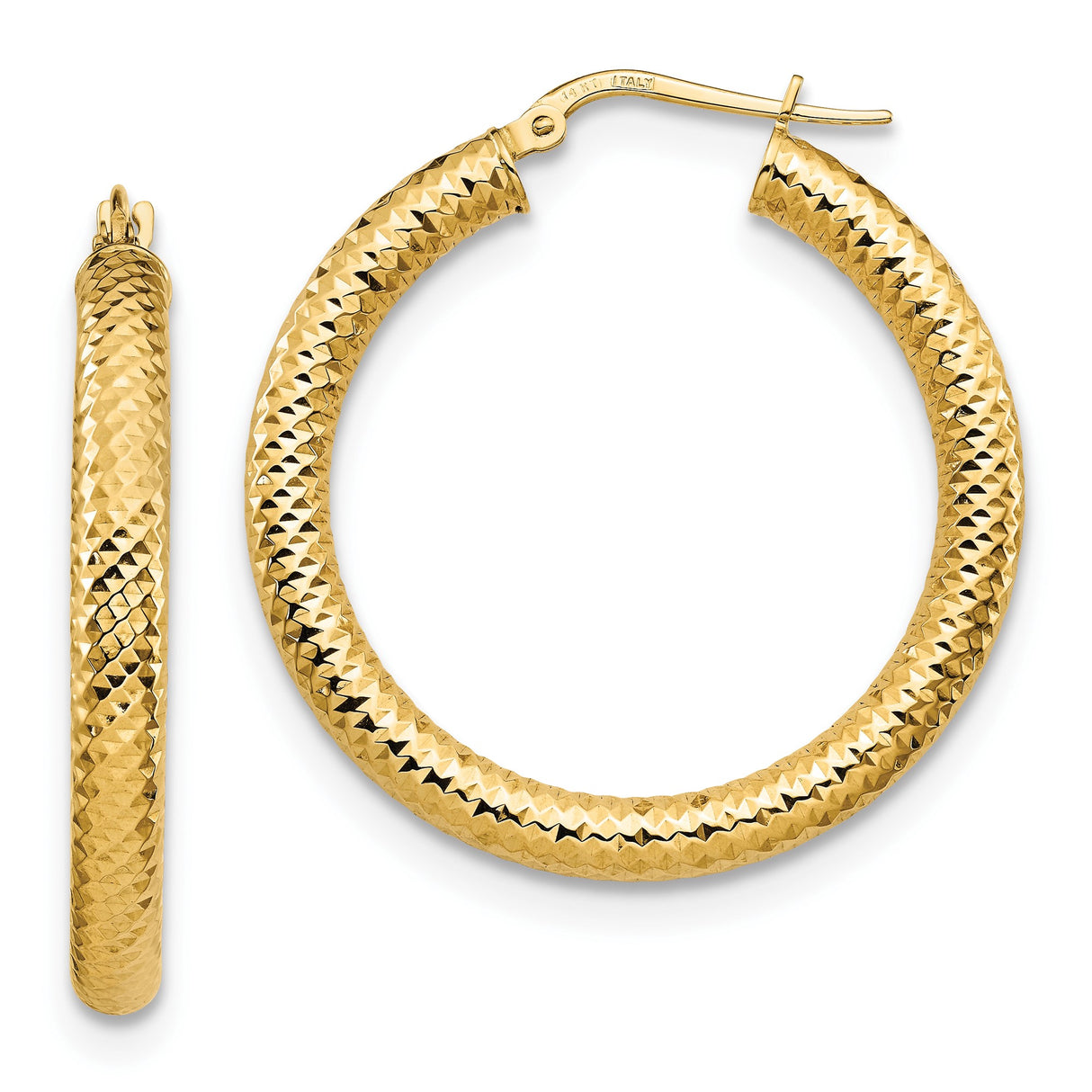14k Yellow Gold Hoop Earrings, Italian Diamond-Cut Textured Round Bold Design