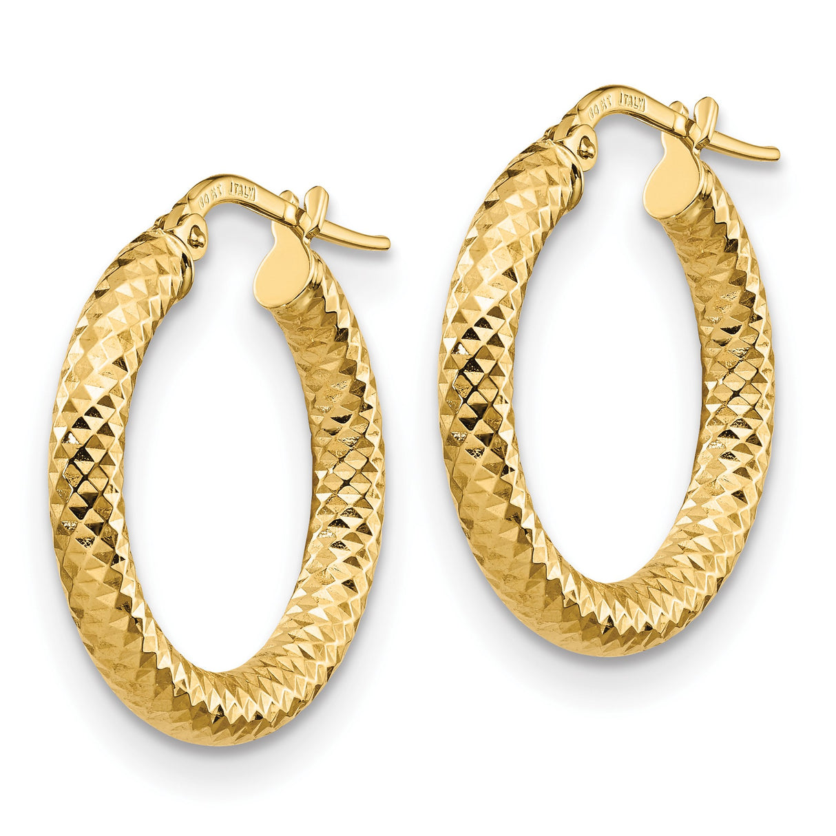 14k Yellow Gold Hoop Earrings with Textured Diamond Cut Design, Latch Back Closure