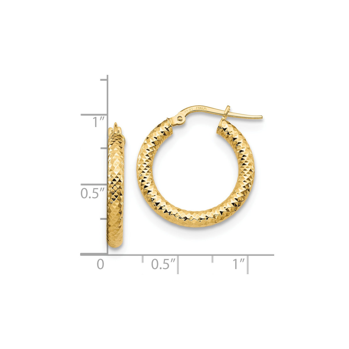 14k Yellow Gold Hoop Earrings with Textured Diamond Cut Design, Latch Back Closure