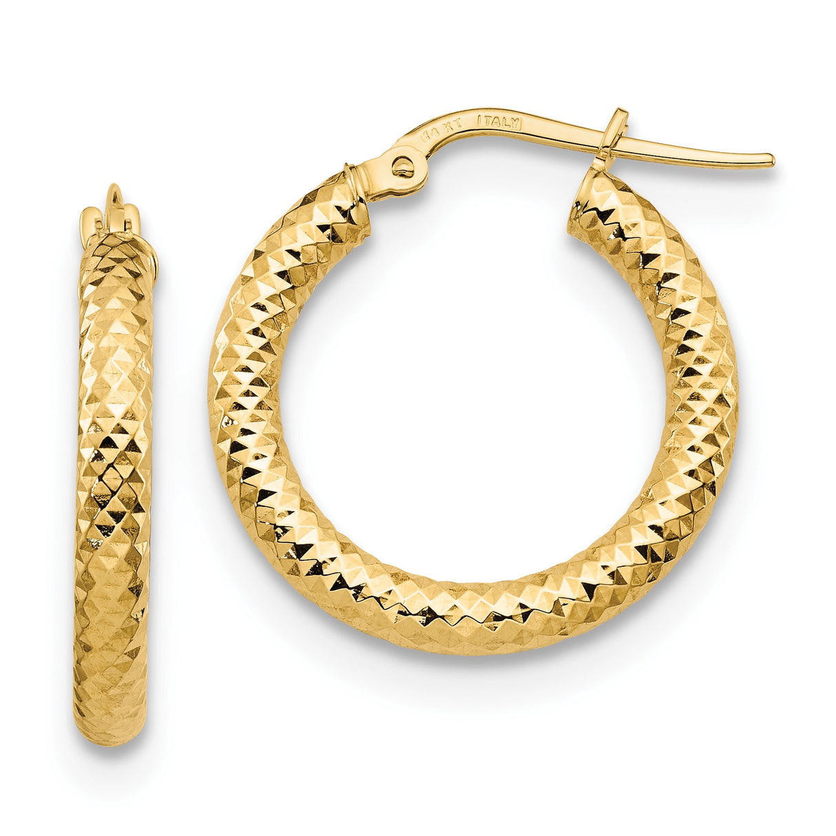 14k Yellow Gold Hoop Earrings with Textured Diamond Cut Design, Latch Back Closure