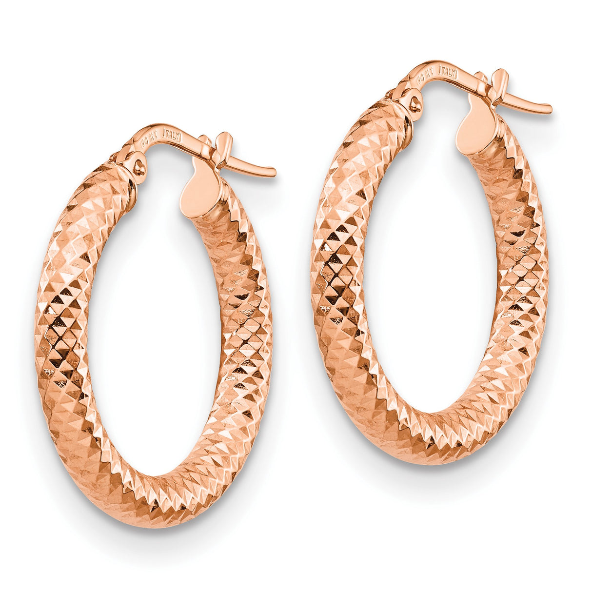 14k Rose Gold Hoop Earrings, Textured Round Diamond Cut Design, Made in Italy
