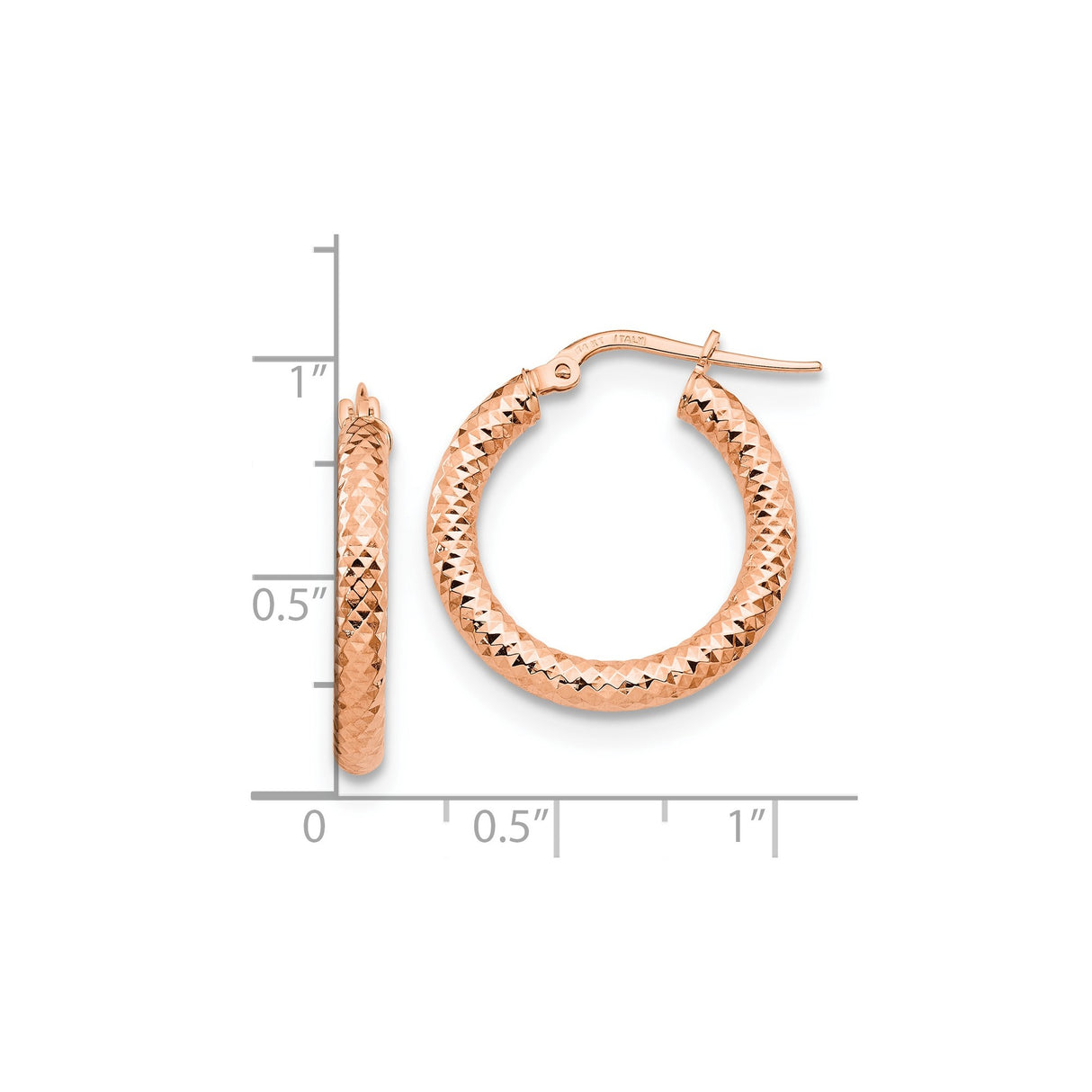 14k Rose Gold Hoop Earrings, Textured Round Diamond Cut Design, Made in Italy