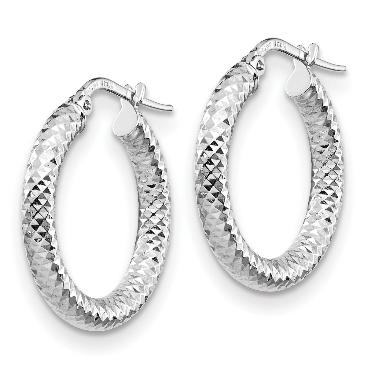 14k Yellow Gold Hoop Earrings with Rhodium Finish and Diamond-Cut Texture for Women
