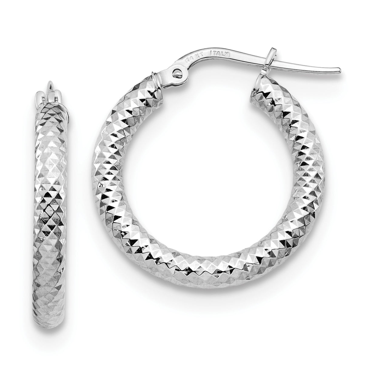 14k Yellow Gold Hoop Earrings with Rhodium Finish and Diamond-Cut Texture for Women