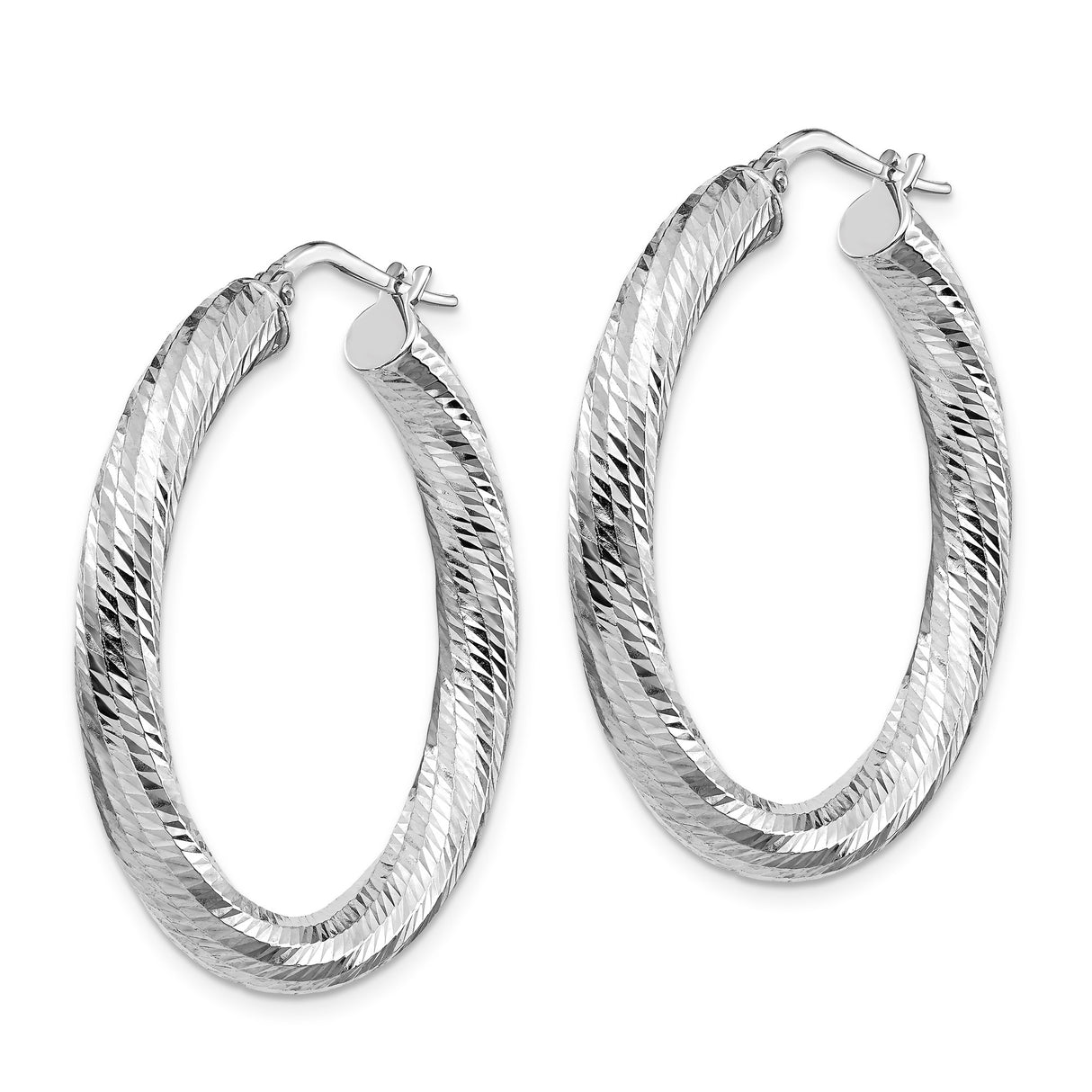 14k White Gold Hoop Earrings, Large Round Bold Design with Diamond Cut Texture, Lightweight Jewelry for Women