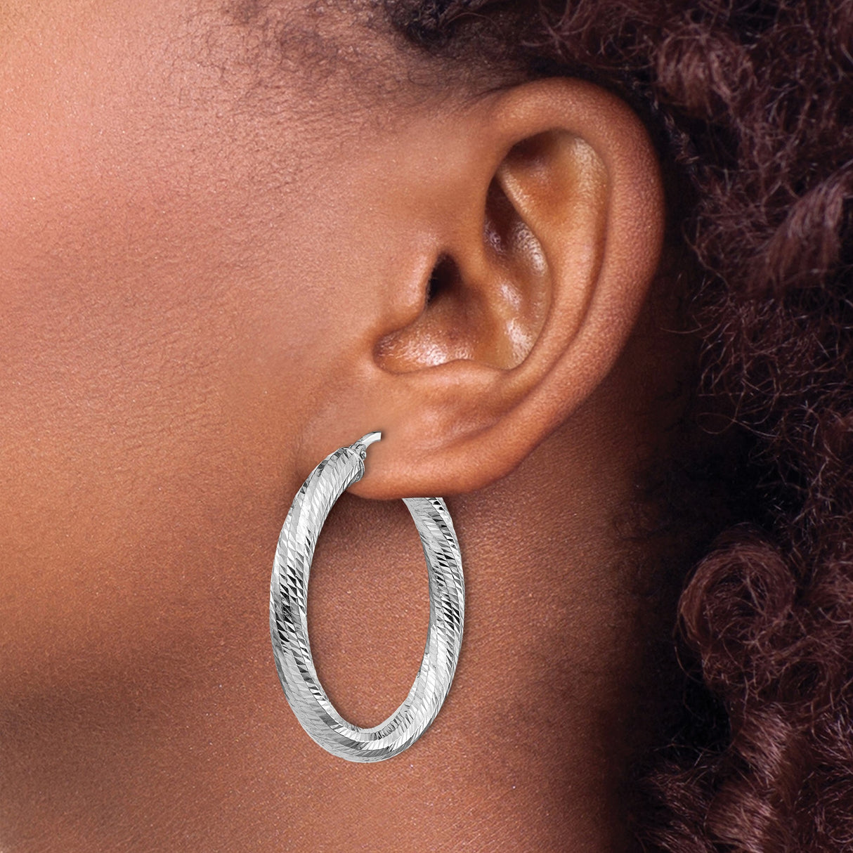 14k White Gold Hoop Earrings, Large Round Bold Design with Diamond Cut Texture, Lightweight Jewelry for Women