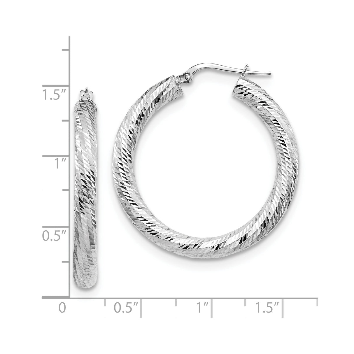 14k White Gold Hoop Earrings, Large Round Bold Design with Diamond Cut Texture, Lightweight Jewelry for Women