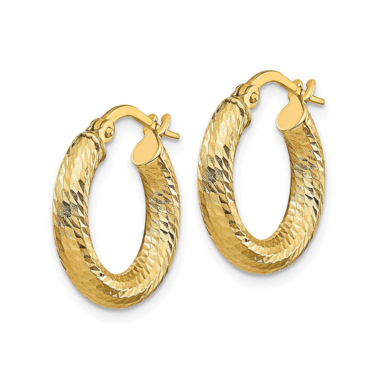 14k Yellow Gold Hoop Earrings with Diamond Cut Pattern, Textured Round Design for Women