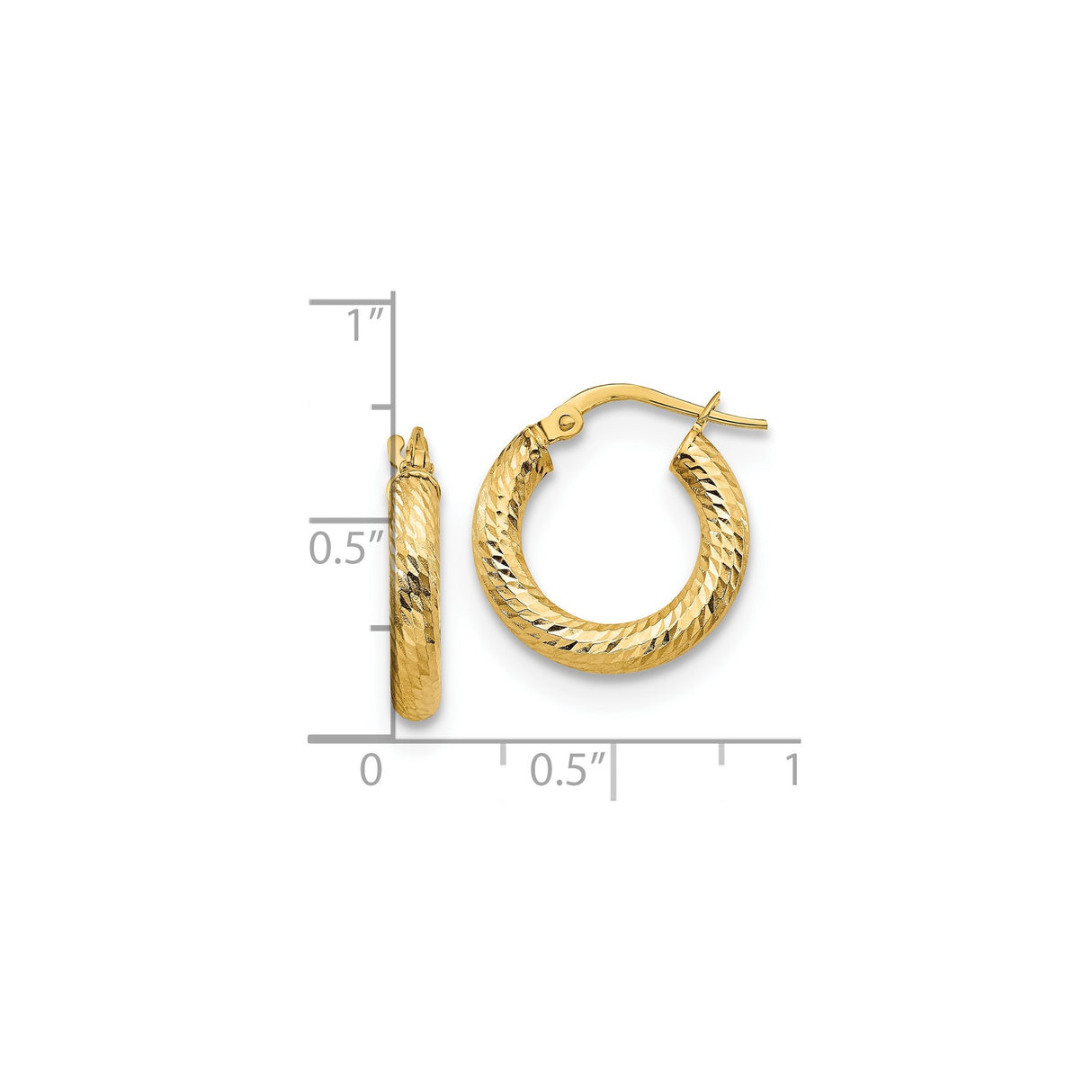 14k Yellow Gold Hoop Earrings with Diamond Cut Pattern, Textured Round Design for Women