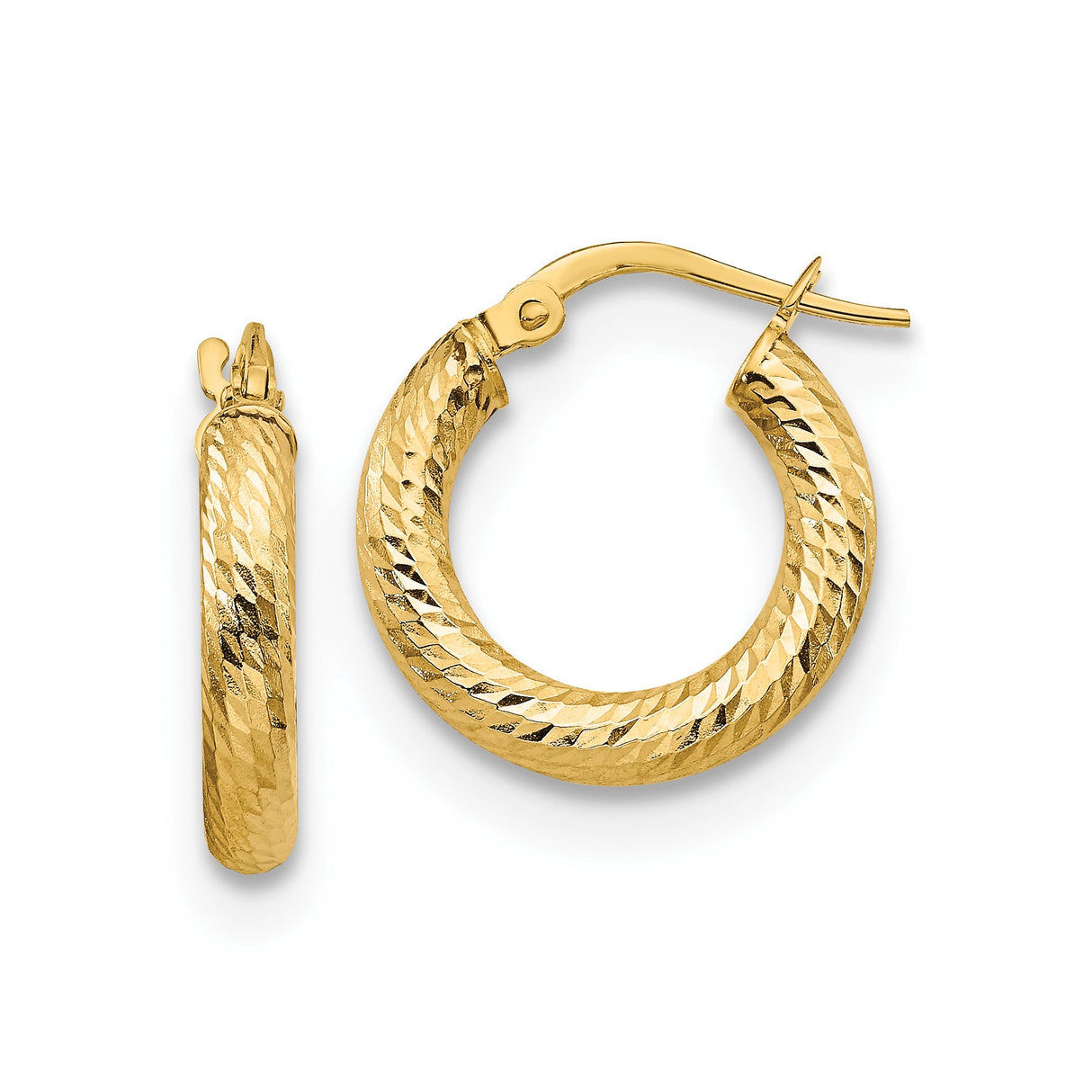 14k Yellow Gold Hoop Earrings with Diamond Cut Pattern, Textured Round Design for Women