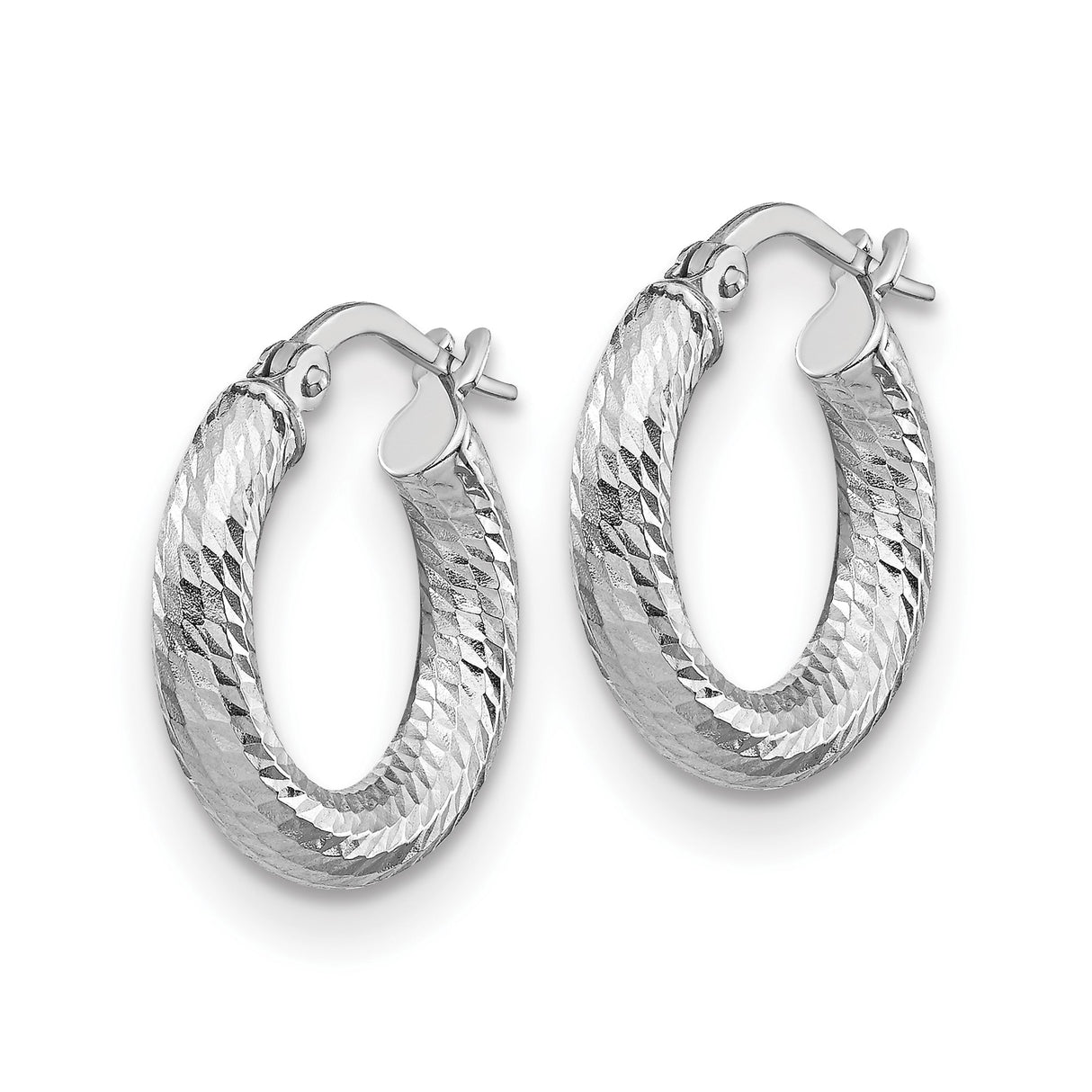 14k Yellow Gold Hoop Earrings with Rhodium Textured Diamond Cut Finish, Latch Back Closure