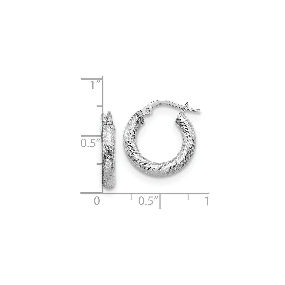 14k Yellow Gold Hoop Earrings with Rhodium Textured Diamond Cut Finish, Latch Back Closure