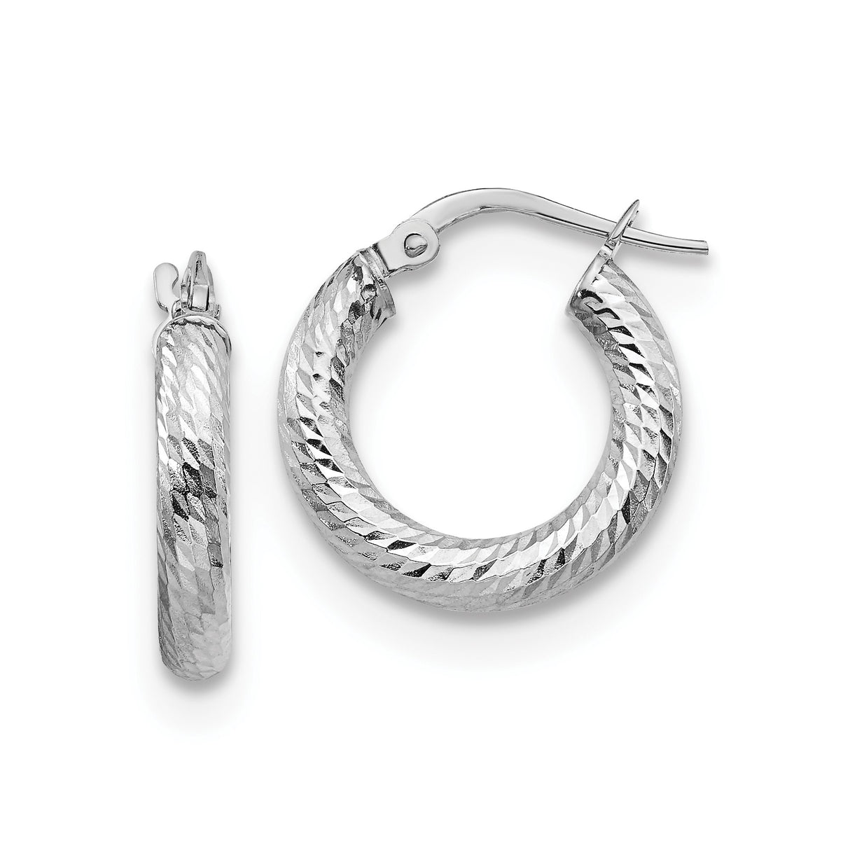 14k Yellow Gold Hoop Earrings with Rhodium Textured Diamond Cut Finish, Latch Back Closure