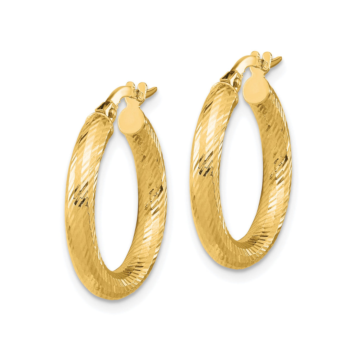 14k Yellow Gold Hoop Earrings with Twisted Diamond Cut Design, Polished and Textured Finish