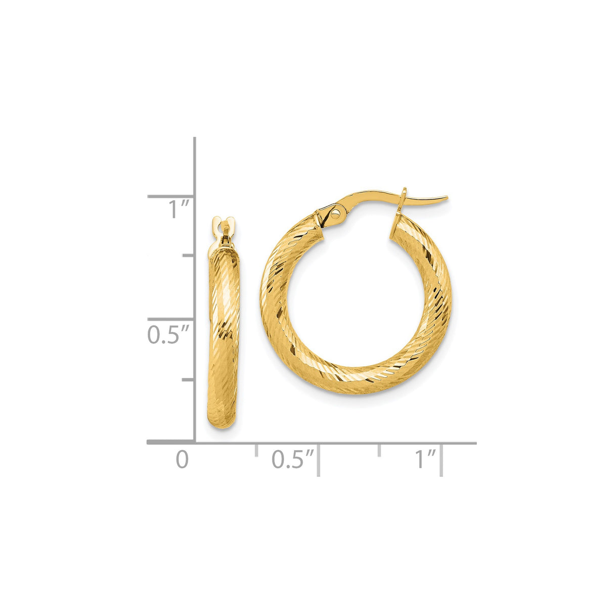 14k Yellow Gold Hoop Earrings with Twisted Diamond Cut Design, Polished and Textured Finish
