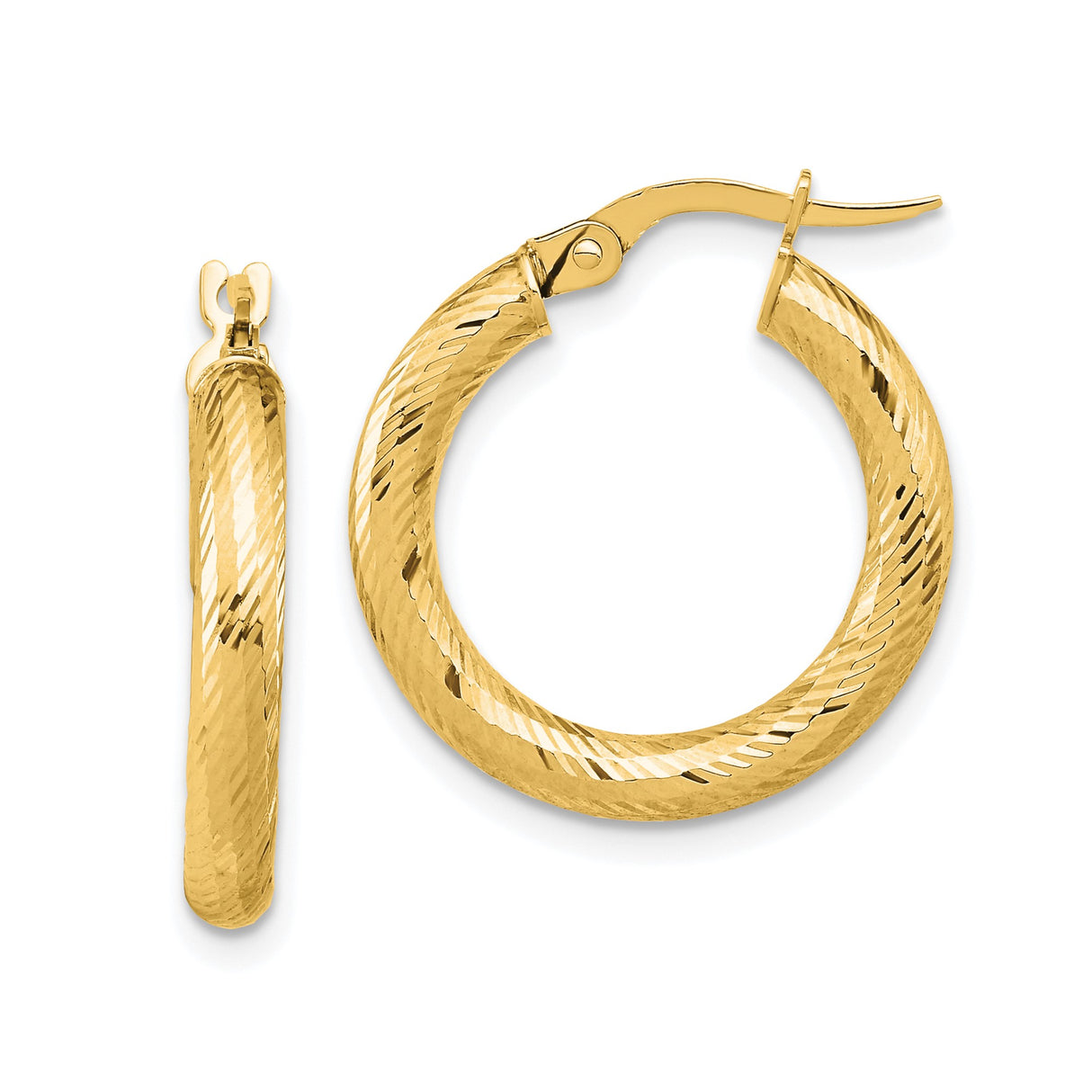 14k Yellow Gold Hoop Earrings with Twisted Diamond Cut Design, Polished and Textured Finish