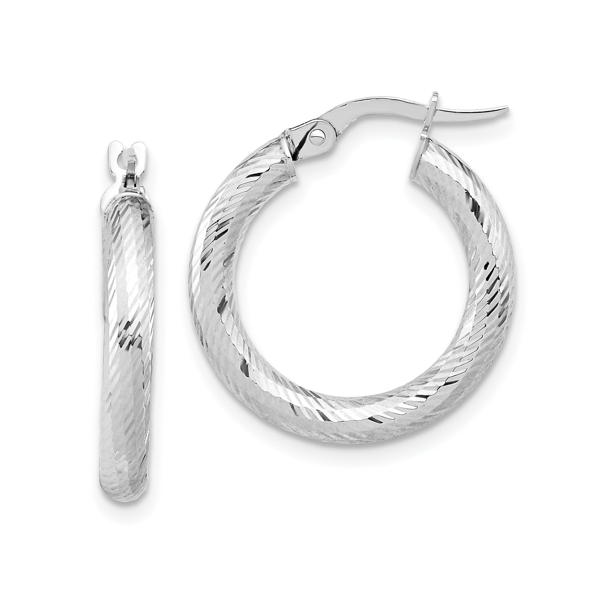 14k Yellow Gold Hoop Earrings, Twisted Diamond-Cut Design with Textured Finish for Women