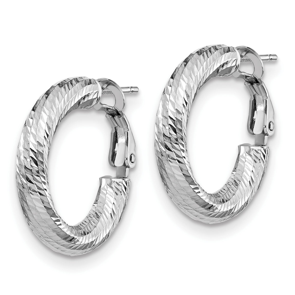 14k White Gold Hoop Earrings, Diamond Cut Textured Finish, Latch Back Closure, Lightweight Classic Style