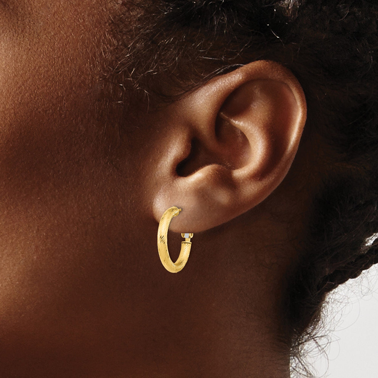 14k Yellow Gold Hoop Earrings with Diamond Cut Textured Design and Polished Finish