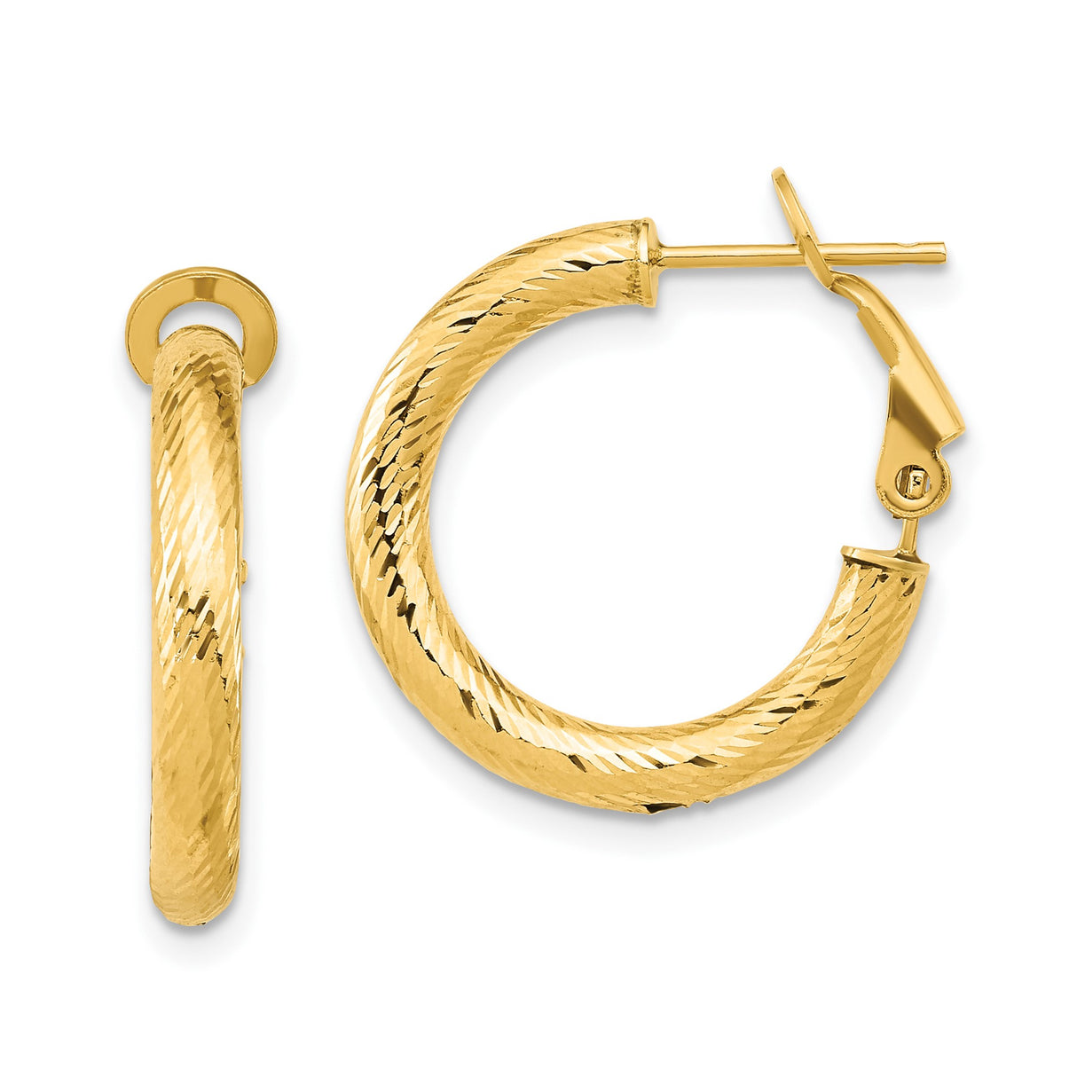 14k Yellow Gold Hoop Earrings with Diamond Cut Textured Design and Polished Finish
