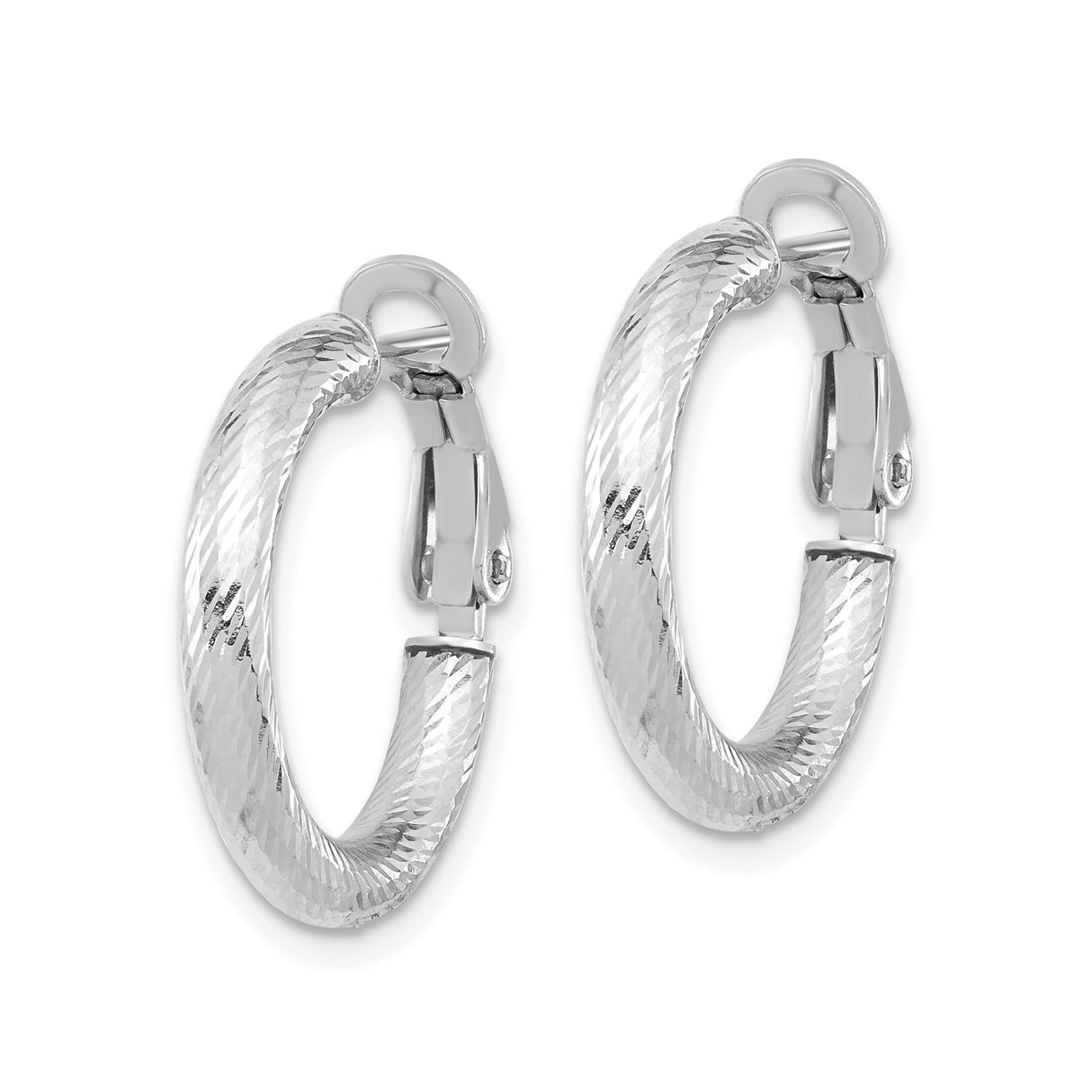 14k Yellow Gold Hoop Earrings with Rhodium, Twisted Diamond Cut Design, Hinged Latch Back