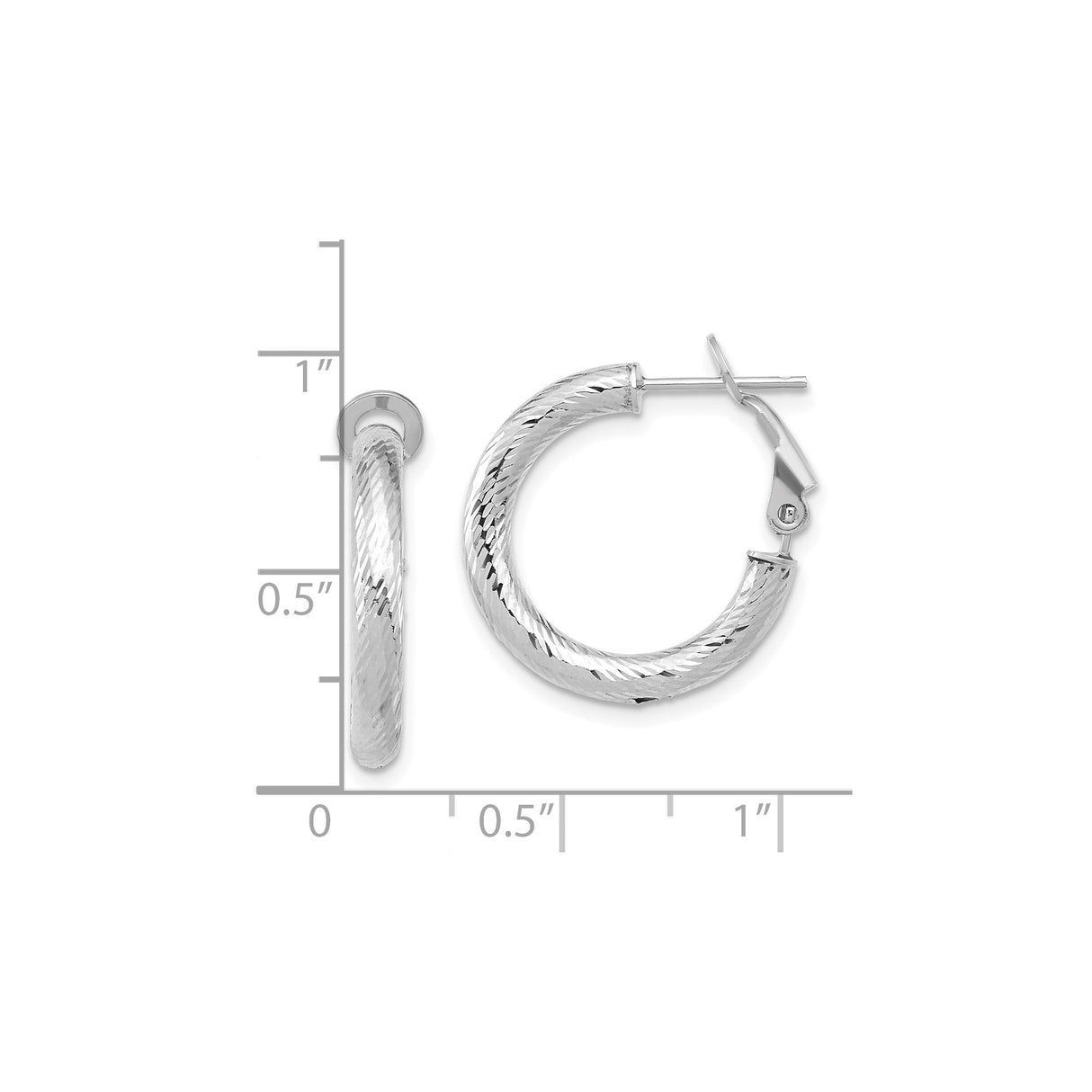 14k Yellow Gold Hoop Earrings with Rhodium, Twisted Diamond Cut Design, Hinged Latch Back