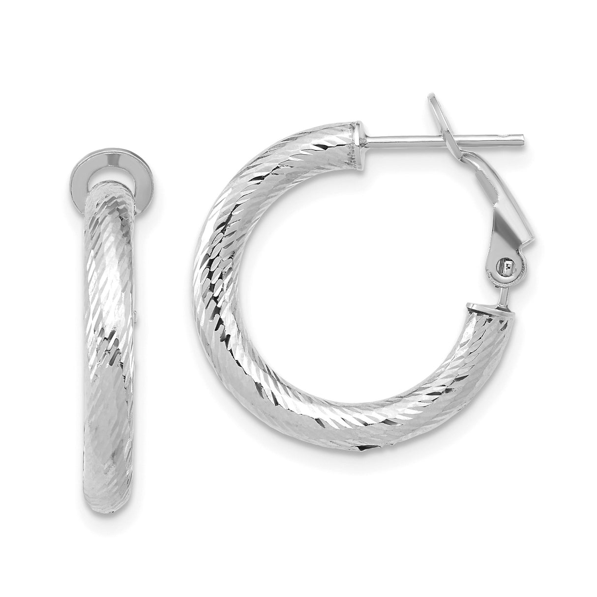 14k Yellow Gold Hoop Earrings with Rhodium, Twisted Diamond Cut Design, Hinged Latch Back