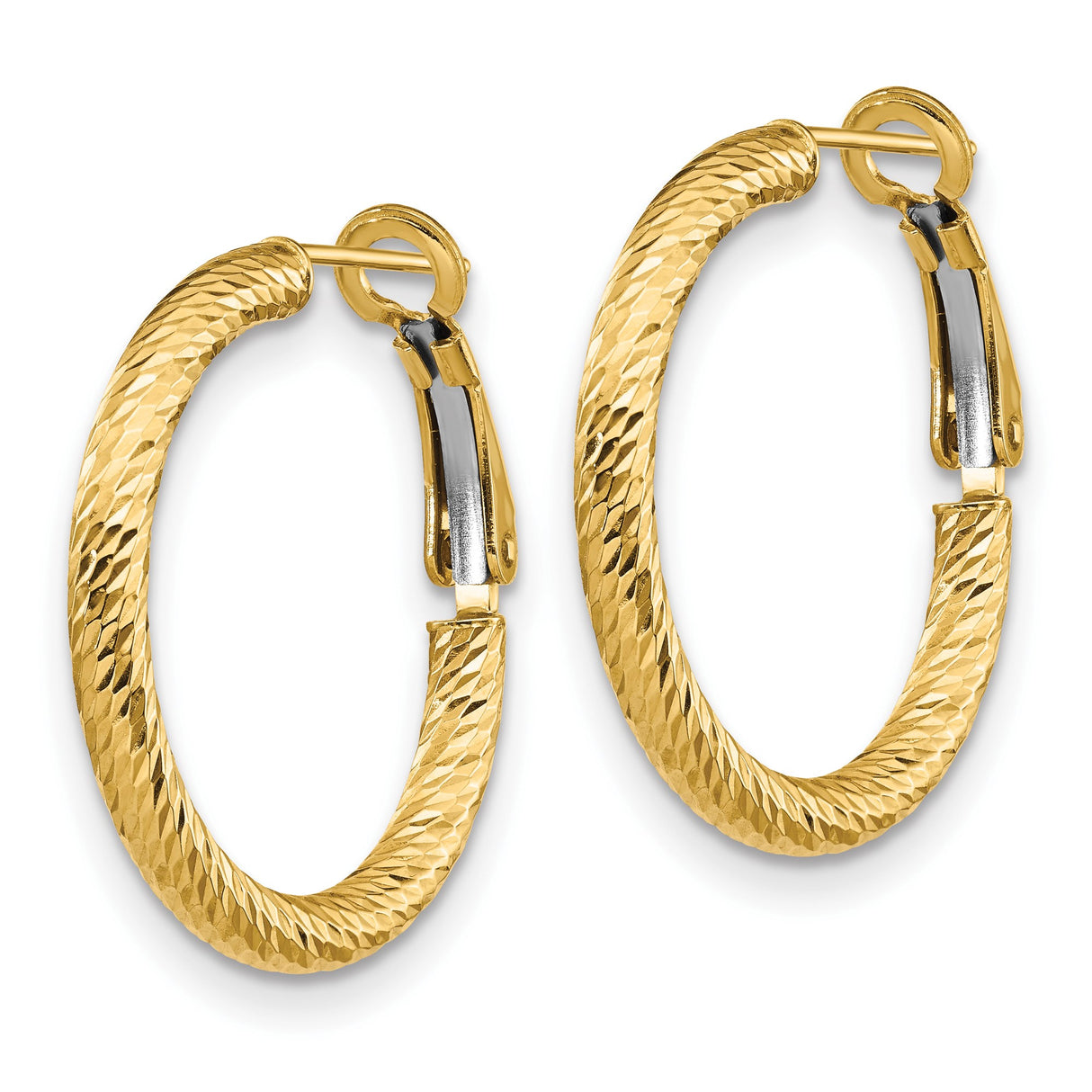 14k Yellow Gold Hoop Earrings with Diamond Cut Textured Design and Hinged Clasp