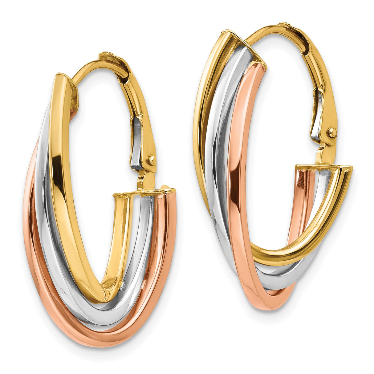 14k Tri-Color Gold Oval Hoop Earrings with Intertwined Bands for Women