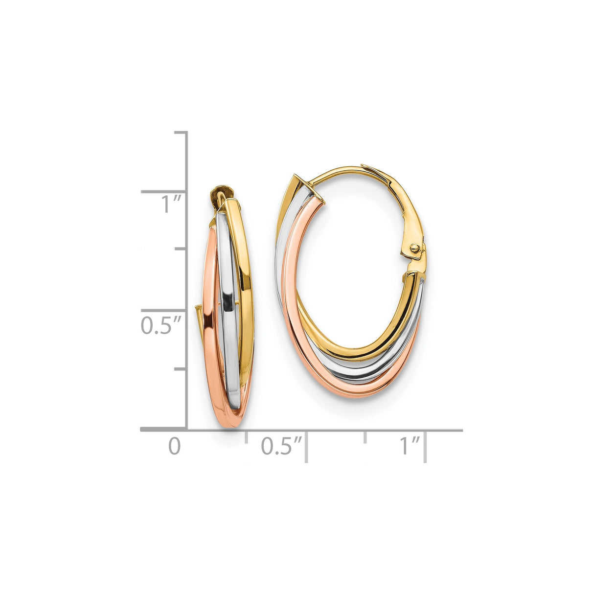 14k Tri-Color Gold Oval Hoop Earrings with Intertwined Bands for Women