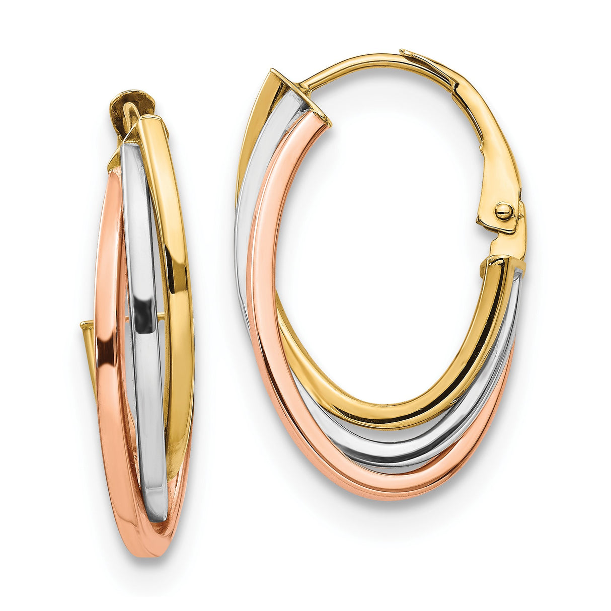 14k Tri-Color Gold Oval Hoop Earrings with Intertwined Bands for Women
