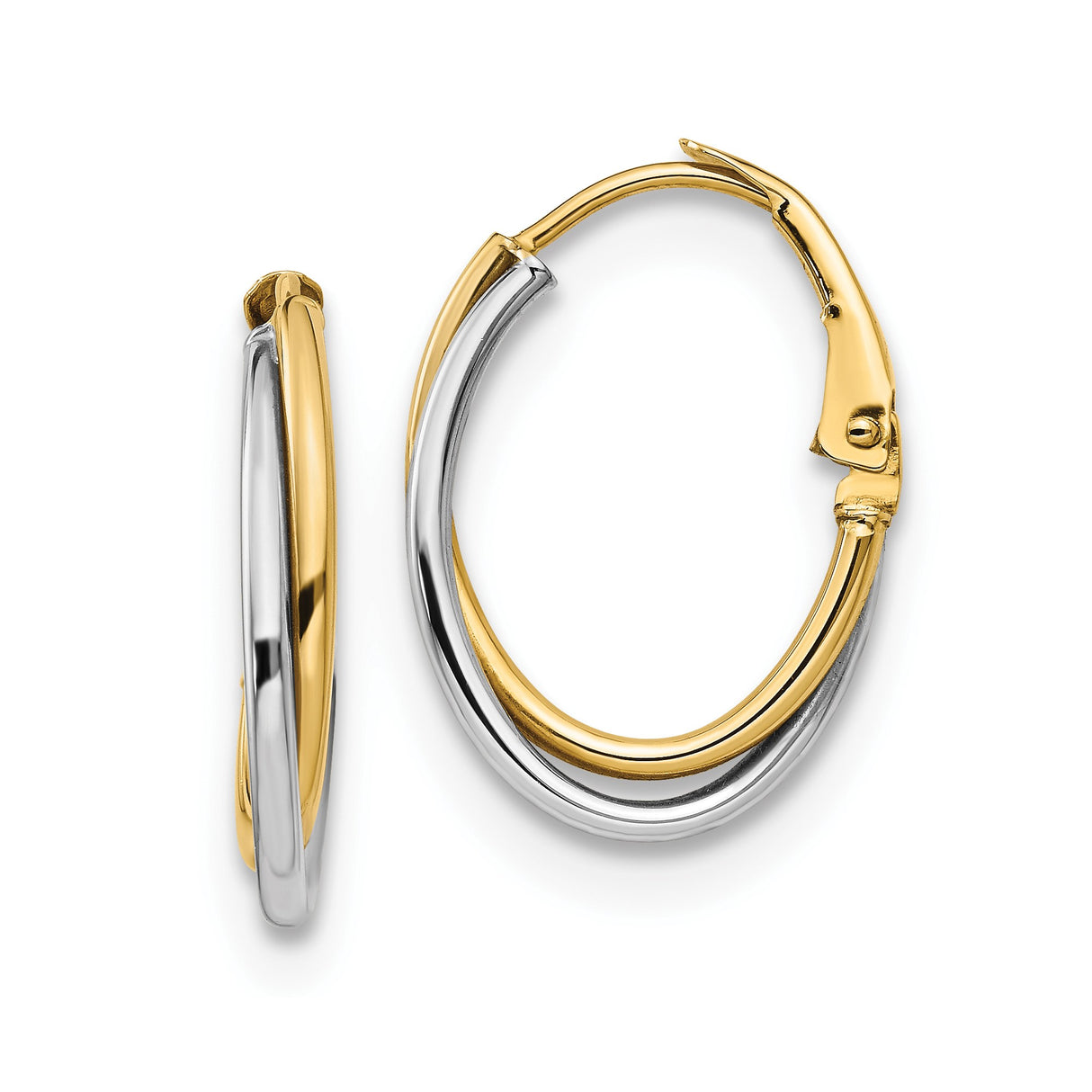 14k Yellow and White Gold Oval Hoop Earrings, Polished Two-Tone Lightweight Design