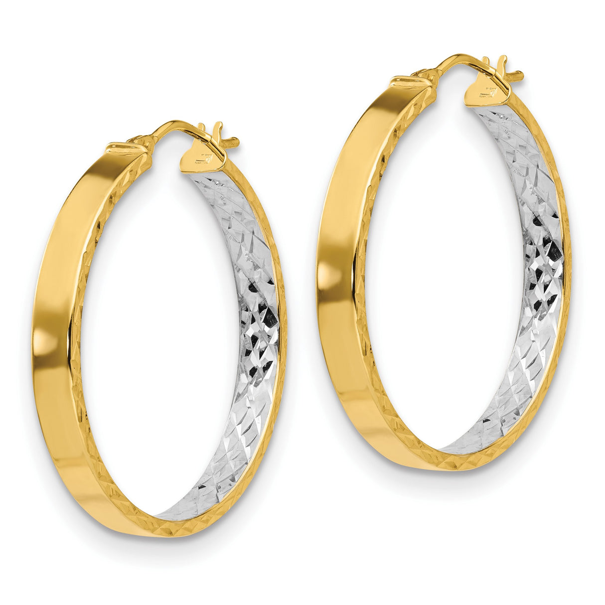 14k Yellow Gold Hoop Earrings, Two-Tone Diamond Cut Hoops with Polished Finish
