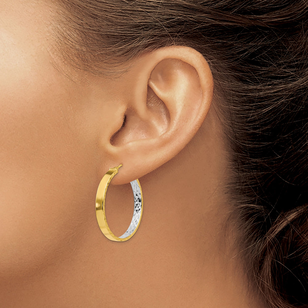 14k Yellow Gold Hoop Earrings, Two-Tone Diamond Cut Hoops with Polished Finish