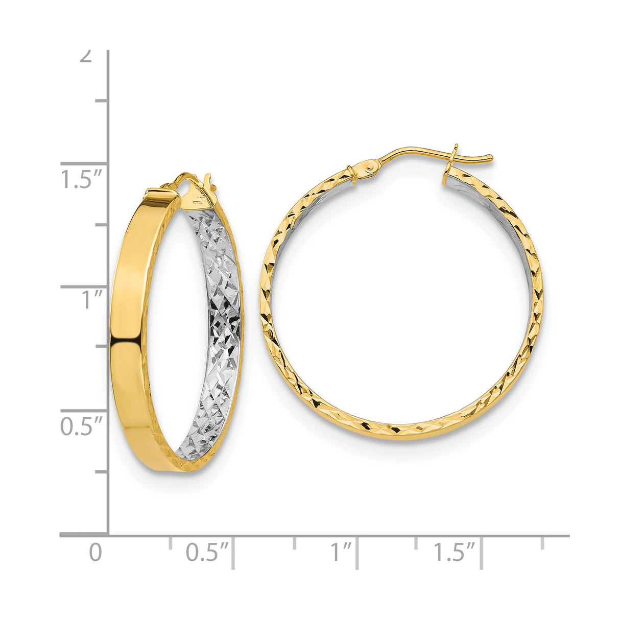 14k Yellow Gold Hoop Earrings, Two-Tone Diamond Cut Hoops with Polished Finish