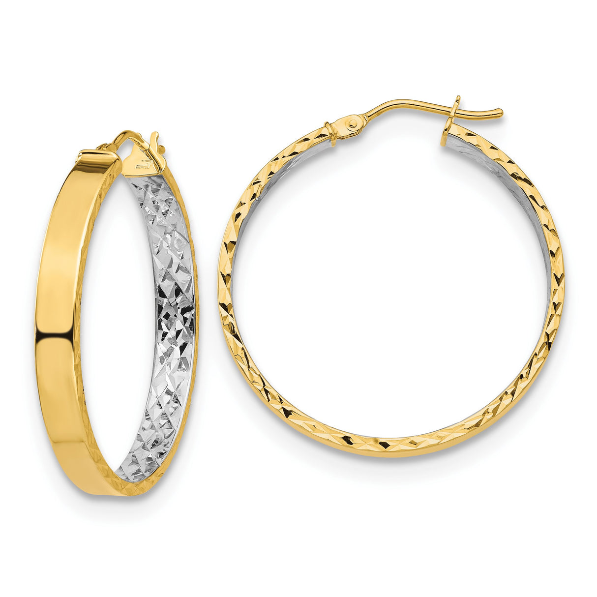 14k Yellow Gold Hoop Earrings, Two-Tone Diamond Cut Hoops with Polished Finish