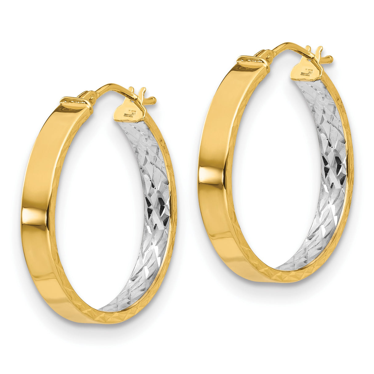 14k Yellow Gold Hoop Earrings with Rhodium Two-Tone Finish, Polished and Diamond Cut Texture